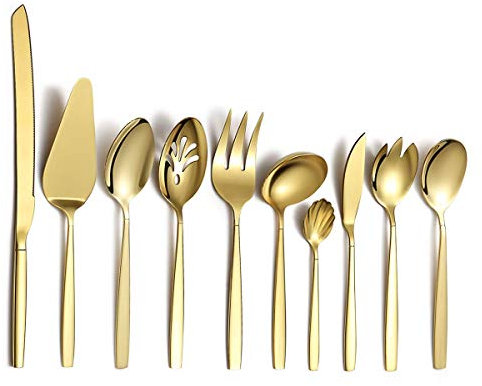 Berglander Gold Besteck Servierset 10 Stück, Edelstahl Besteck Servierset mit Goldtitanbeschichtung, Servierlöffel, Silber Serviergerät, Rostschutz (10 Stück)