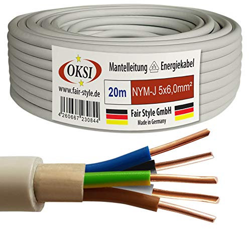 OKSI 20m NYM-J 5x6,0 mm² Mantelleitung Feuchtraumkabel Elektrokabel Kupfer Made in Germany