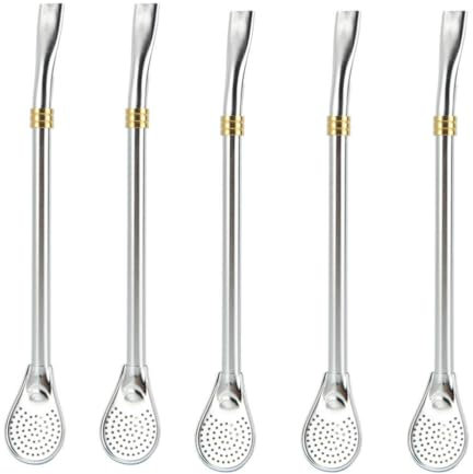 Hemoton Matcha Spoon 5pcs Stainless Steel Drinking Spoon Straws Filter Loose Leaf Tea Infuser Barware Strainer Stirring Straws Yerba Mate Straws Spoon Straws