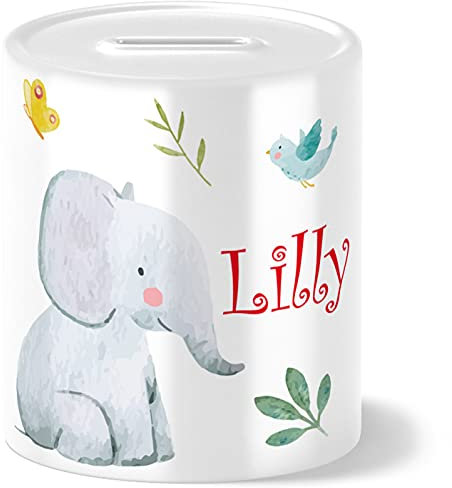 OWLBOOK® Safari Elefant Kinder Spardose Personalisiert mit Namen Geschenke Geschenkideen für Jungs Jungen zum Geburtstag Einschulung Taufe Geburt Sparschwein