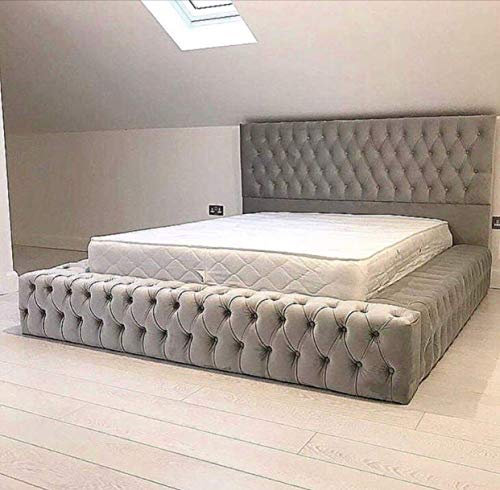 jvmoebel Chesterfield Big Bett Großer Kopfteil Betten Polster Hotel Samt Grau Stoff Ohren