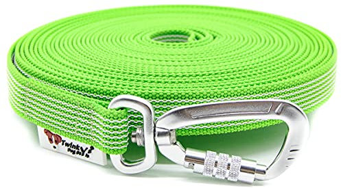 Twinkys Dog Style Schleppleine gummiert mit Sicherheitskarabiner 20 mm breit für Hunde bis 50 kg - MIT Handschlaufe 40 Meter Neon Grün Made in Germany