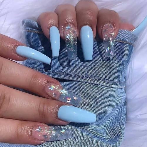Handcess Coffin Ballerina Presse sur ongles longs brillant acrylique Bleu Faux ongles d'art de papillon la pleine couverture Faux ongles bâton Nails pour les femmes et les filles (24Pcs)