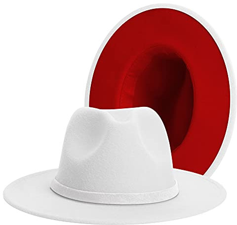 jingsha Fedora Hüte für Damen & Herren Breite Krempe Fedora Filz Panama Hut Herren Kleid Hüte mit Gürtelschnalle, Weiß/Rot, Large