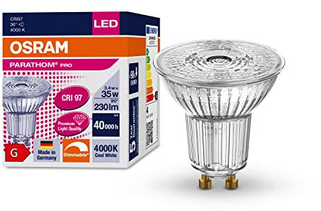 OSRAM Dimmbare LED-Reflektorlampen mit GU10 Sockel | energiesparend, 35W Ersatz, besonders langer Lebensdauer (40.000 H), Abstrahlwinkel 36°, kalt weiß | PAR16 35 36 ° 3.4 W/4000 K GU10