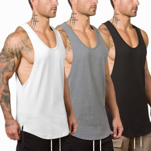 XYKJFIT 3er-Pack Herren Muscle Gym Workout Stringer Tank Tops Bodybuilding Fitness T-Shirts, Schwarz+Weiß+Grau, S