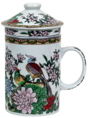 Ceramic Tea Cup with Lid + Strainer for Loose Tea with Asian Motif (Bird in Magnolia, 046) Japanese Chinese Cup for Tea Lovers, Porcelain Coffee Gift Set Asia Mug Oaterl