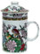 Ceramic Tea Cup with Lid + Strainer for Loose Tea with Asian Motif (Bird in Magnolia, 046) Japanese Chinese Cup for Tea Lovers, Porcelain Coffee Gift Set Asia Mug Oaterl