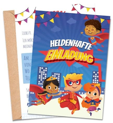 MeinBaby123® 10 Einladungskarten Kindergeburtstag Jungs | süße Geburtstagseinladungen für Kinder | Superhelden Einladungskarten | inkl. 10 Briefumschläge | Premium Qualität (Superhelden V1)