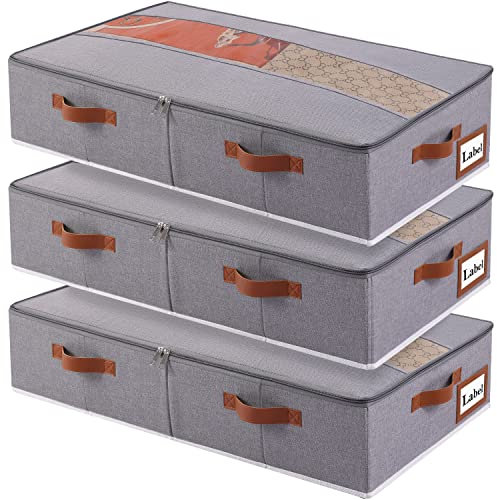 Yawinhe 3 Stück Unterbettkommode, Unterbett Aufbewahrungsbox Vliesstoff, Faltbare Aufbewahrungstasche, mit Klarem Deckel und Haltegriffen, für Schlafzimmer, 80x40x15cm, Grau