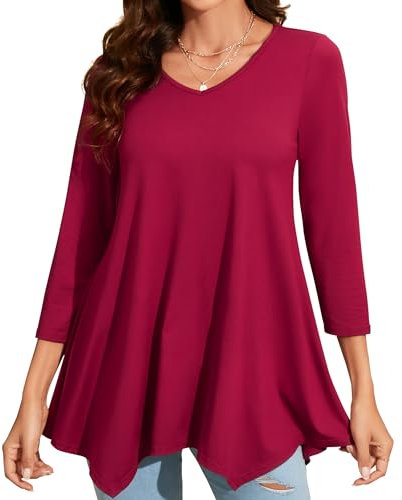 Enmain Camiseta Rojo Mujer Manga 3/4 Top Túnica Larga Cuello de Pico Blusa Borgoña Elegante Talla Grande Tops T Shirt para Mujeres,Borgoña,XL