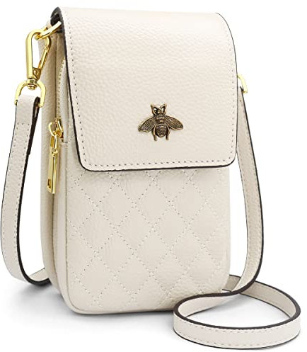 HNOOM Sac à bandoulière pour téléphone portable en cuir véritable pour femme,Petit sac à bandoulière pour téléphone portable avec 8 emplacements pour cartes, A,Blanc