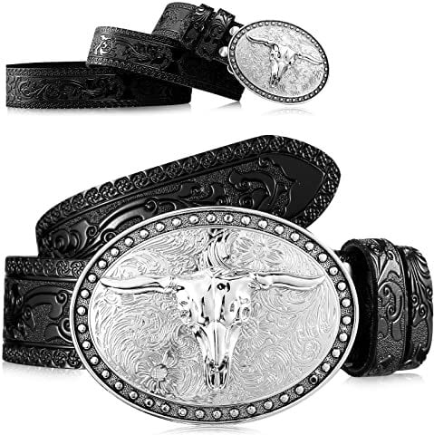 Xuniea Cowboy Gürtel mit Longhorn Schnalle für Herren Western Ledergürtel mit Blumen Gravierter Schnalle (Schwarz, 43 Zoll)