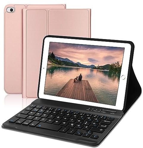 AVNICUD Tastatur Hülle für iPad Mini 5/4/3/2/1, Weiche TPU-Rückseite Case, Magnetisch Abnehmbarer Bluetooth Keyboard mit QWERTZ Layout, Roségold