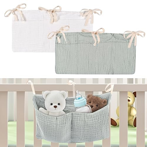 PiliStar Babybett Organizer, 2 Pieces Babybett Organizer Hängend, Organizer Beistellbett Baby, Organizer Beistellbett Musselin, Nestchen Babybett Umrandung, 2 Colours for Nappies, Toys, Clothes