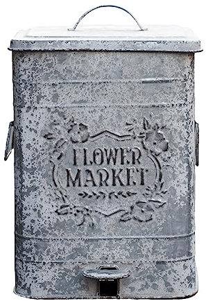 All Chic Poubelle vintage blanche avec couvercle et pédale, poubelle carrée sans contact avec motifs de fleurs, poubelle en métal pour cuisine, salle de bain, parc, jardin