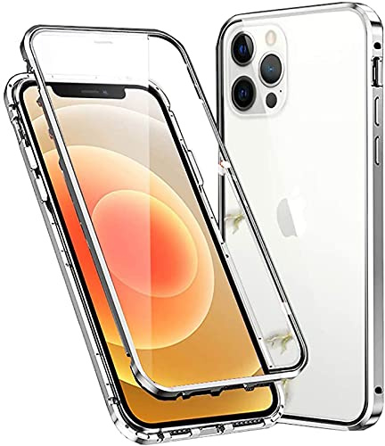 Colala Hülle für iPhone 15 Pro Magnetische Adsorption Handyhülle Hartglas mit Vorderseite und Rückseite,Metallrahmen Case mit Eingebaut Magnet,Ultra Dünn 360 Grad Schutzhülle - Silber