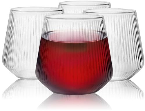 RAINPOP 4 Pcs Plastic Ribbed Wine Glasses, Unbreakable Stemless Wine Glasses, Portable & Reusable, Thickened BPA Free, Clear Plastic Cocktail Glasses for Party Camping Picnic Pool (355ML/12.5 oz)
