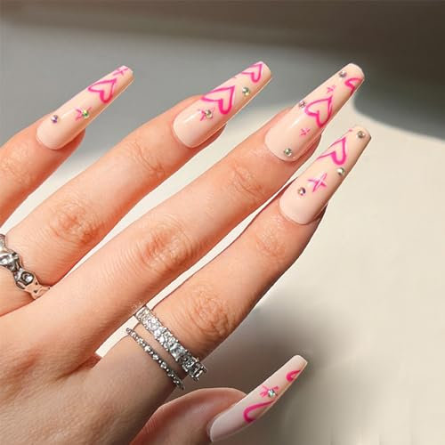 24pcs Long Coffin False Nails Hot Pink Heart Stick on Nails Rhinestone Press on Nails Removable Glue on Nails Full Cover Fake Nails Valentines Day Women Bridal Nail Art Accessories