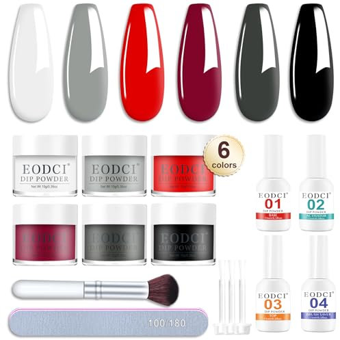 Dipping Powder Nails Set, 6 Farben White Rot Dip Powder Nail Kit Starter mit Top Base Coat Aktivator & Maniküre Tools, Dip Pulver Nagel Kit für French DIY Home Nail System Geschenk Zum Weihnachten