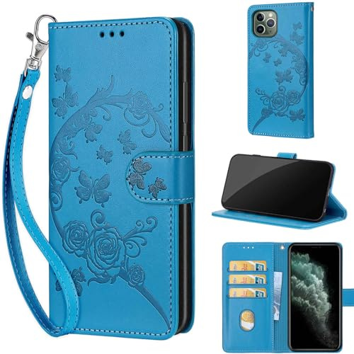 KENHONER Phone Case for iPhone 11 Pro Max, Flowers and Butterflies - Blue | Shockproof Flip Wallet, Card Slots, Kickstand, PU Leather, Wrist Strap Lanyard