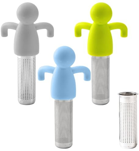 Lot de 3 passoires à thé, 1 passoire à thé en métal, bonde à thé en acier inoxydable, passoire à thé en silicone en forme de personne, passoire à tasse montée