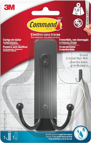 Command Bathroom Hook, Matte Black - 1 Hook, 1 Tab, 1.8 kg - Water Resistant - Damage Free Hanging