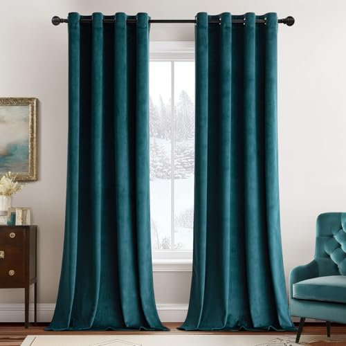 MIULEE Vorhang Samt Pfauenblau mit Ösen 140x260 cm, Super Weich Samtvorhang für Deko Schlafzimmer Wohnzimmer, 2 Stück Samt Gardinen Blickdicht Verdunkelung, Dicker Thermovorhang Winter