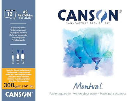 CANSON Montval, Papel para acuarela, Grano Fino, 300gsm, 141lb, Hoja, A2-42x59,4cm, Blanco Crema