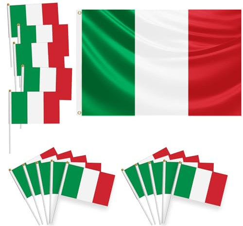 Lote de 16 banderas, 1 bandera grande 150x90 cm con ojales de latón, 15 banderas pequeñas de mano, decoración en eventos deportivos, fiestas(Italia)