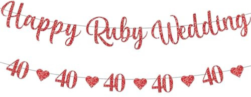 40th Happy Ruby Wedding Banner - Set of 2 Glitter Ruby Wedding Decorations, Happy Anniversary Banner With Red Heart Bunting for Party