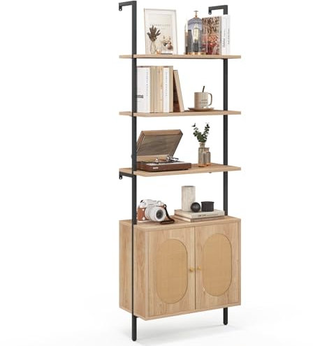 COSTWAY Bibliothèque Étagère Échelle avec Armoire en Rotin, Étagère de Rangement à 6 Niveaux avec Cadre Métallique, pour Salon Chambre Bureau, 30 x 60 x 180 cm, Naturel