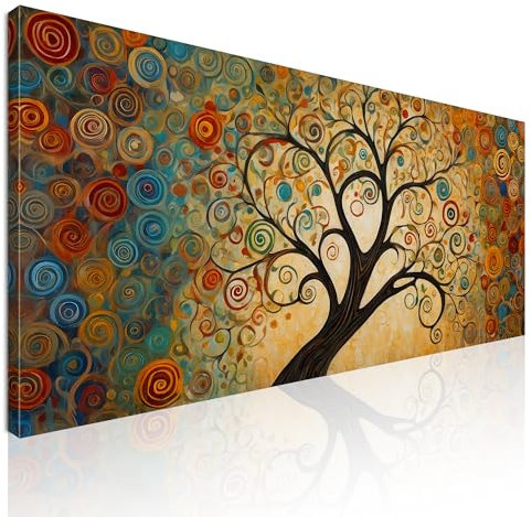 CheQuadro! Quadro moderno soggiorno, orizzontale lungo, Albero della Vita con Spirali Colorate e Sfondo Dorato, su tela, intelaiato pronto da appendere bow3-90x40 cm