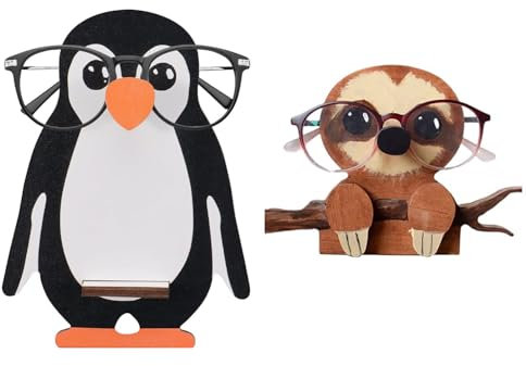 Zisqerts Handgefertigter Tier-Brillenhalter mit Pinguin- und Faultier-Brillenständer, Holz-Sonnenbrillen-Präsentationsständer, kreativer Schreibtisch-Organizer für Zuhause und Büro (Sloth + Pinguin)