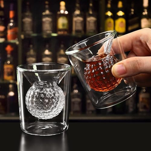 Juego de 2 vasos de whisky, regalos de golf para golfistas masculinos, vasos de whisky con forma de bola de golf integrada, copas de vino de ron únicas, accesorio perfecto para beber y para el hogar,