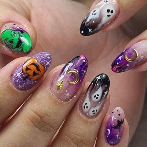 Boloshine 24Pcs Halloween False Nails, Short Almond Ghost Pumpkin Acrylic Fake Nails, Full Cover Glossy Fake Nails Stick on Nails for Women Girls Halloween Cosplay Party