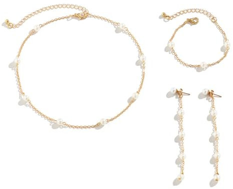 TOFBS Elegantes Perlen Schmuckset Für Damen Halskette Ohrringe Und Armband Hochwertiger Modeschmuck In Gold Mit Weißen Perlen Perfekt Für Festliche Anlässe