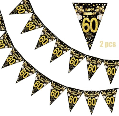 60 Geburtstag Deko Schwarz Gold, 2 Stück Mann Frau Girlande Banner,60 Geburtstag Jahre Deko Schwarz Gold,Wimpelkette Happy Birthday Wimpelkette 60 Girlande
