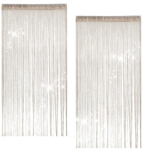 2 Stück Fadengardinen Set, 100 X 200 cm Fadenvorhang Glitzer, Champagnerfarbener Fadengardine Balkontür Fliegengitter, Zimmer Fransenvorhang Geeignet für Hochzeiten, Cafés, Restaurants, Türen