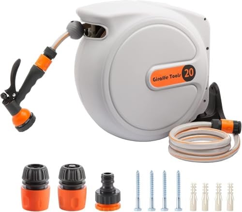 Giraffe Tools Automatic Hose Reel, 20 m + 2 m, Wall-Mountable Hose Reel, 180° Swivelling with 7 Patterns Multi Shower and White Connection Hose