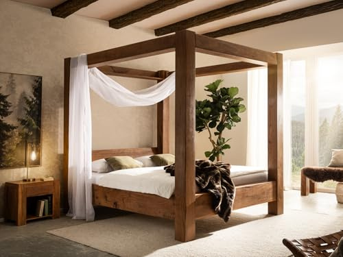 Woodkings Himmelbett Osbon | Holzbett 180x200 cm aus massiven Akazienholz massiv | Doppelbett für Schlafzimmer | rustikales Bett mit Himmelaufbau