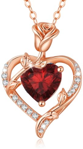 Halskette Damen 925 Sterling Silber Rosen Herz Geburtsstein Kette Schmuck | Geschenk für Frauen Frau Freundin Mama zum Weihnachten Valentinstag Muttertags Hochzeit Jubiläum Geburtstag