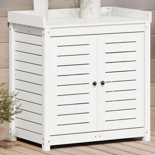 Gecheer Pflanztisch, Gärtnertisch mit Ablagen, Blumentisch für Garten Balkon Terrasse, Gartentisch Arbeitstisch, Weiß 82,5x50x86,5cm Massivholz Kiefer