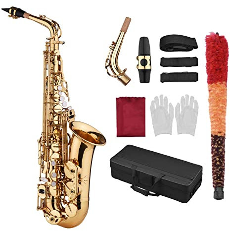 Saxophon, Altsaxophon, Messing geschnitztes Muster, Kunststoff-Mundstück, exquisit mit Handschuhen, Reinigungstuch, Bürste, Riemen - Perfekt für Musiker und Anfänger