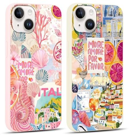 Vxinvnoi 2 Stück Handyhülle für iPhone 14/iPhone 13 Hülle, Collage Motiv Aesthetic Blumen Obst Bunt Sommer Muster Mädchen Case, Weich Silikon TPU Stoßfeste Schutzhülle Cover für iPhone 14 6,1, Rosa