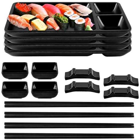 YAYODS Service à Sushi Japonais Noir 16 Pièces - Vaisselle en Mélamine de Qualité Alimentaire Incassable pour 4 Personnes - Kit avec 4 Assiettes, Coupelles et Baguettes - Non Compatible Micro-ondes