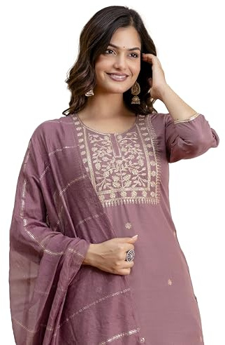 TRENDMALLS Women's Cotton Embroidery Kurta Pant with Dupatta Set