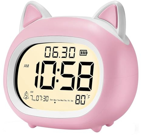 Koolenry For Kids,Digital Alarm Clock with Night Light, Builder Cute Cat Design for Bedroom Routines, Alarm Clock Function for Kids Pink
