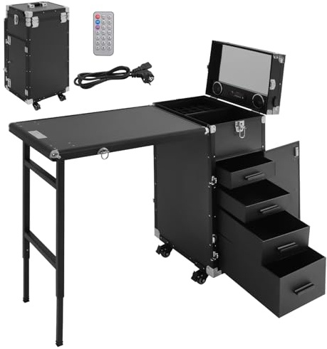 Professioneller Kosmetikkoffer, Faltbar Schminkkoffer mit Tisch und Fernbedienung, Mobile Rolling Maniküre Tisch, Nageltisch mit 4 Schubladen und Rollen, Makeup-Station, Multi-Function Friseurkoffer