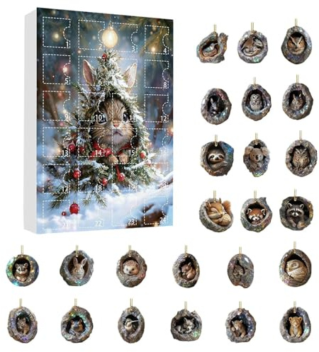 Tierischer Adventsschmuck – Acryl-Countdown-Kalender, 24-Tage-Anzeige mit Vorfreude, Weihnachtsbaumanhänger mit festlicher Enthüllung, saisonale Dekoration, niedliche Charaktere für Überraschungsfeier
